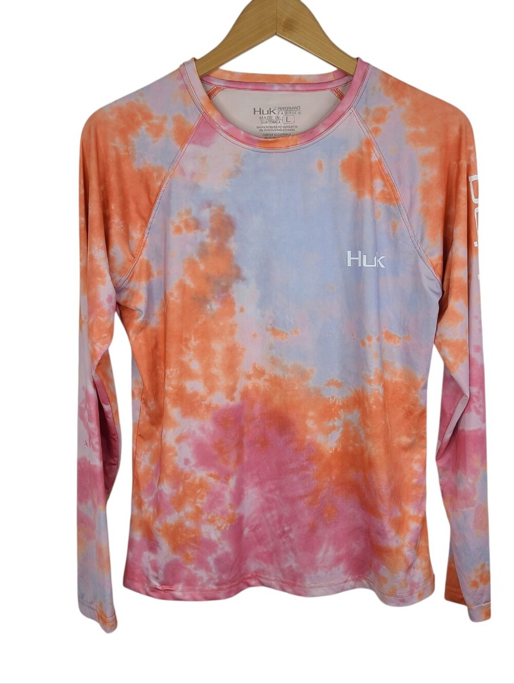 Huk Tie Dye Pursuit Long Sleeve Performance Shirt- Pink, Orange & Blue Women's L